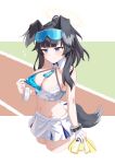  1girl absurdres akazaki_emu animal_ears black_hair blue_archive blue_eyes breasts cheerleader closed_mouth commentary_request dog_ears dog_girl dog_tail goggles goggles_on_head halo hibiki_(blue_archive) hibiki_(cheer_squad)_(blue_archive) highres holding holding_pom_poms long_hair millennium_cheerleader_outfit_(blue_archive) navel official_alternate_costume pom_pom_(cheerleading) simple_background skirt solo star_(symbol) star_sticker sticker sticker_on_face tail yellow_halo 