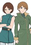  2girls aeug blue_eyes bob_cut breasts brown_hair coat commentary_request cowboy_shot crossed_arms emma_sheen gloves green_eyes green_gloves gundam hand_on_own_hip highres long_sleeves military_uniform multiple_girls ogura_(onigiritakusan) pantyhose reccoa_londe science_fiction short_hair sleeveless zeta_gundam 