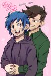  1boy 1girl :d animification antenna_hair arms_around_waist black_eyes blue_hair blush bright_pupils brown_hair collared_shirt commentary_request couple drawstring eddsworld eduardo_(eddsworld) facial_hair green_shirt heart hetero highres hood hood_down hoodie ii_fuufu_no_hi kashimiato laurel_(eddsworld) long_sleeves mustache_stubble open_mouth partial_commentary pink_background purple_eyes purple_hoodie shirt short_hair simple_background smile spoken_heart stubble upper_body white_pupils 