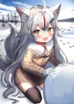  1girl absurdres animal_ears black_thighhighs brown_coat coat commission fangs footprints fox_ears fox_girl fox_tail full_body highres indie_virtual_youtuber kamiko_kana long_hair long_sleeves looking_at_viewer multicolored_hair no_pants red_hair second-party_source skeb_commission snow snowball streaked_hair tail thighhighs two-tone_hair very_long_hair virtual_youtuber white_hair winter yukimachi_urei 
