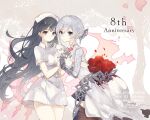  2girls armor blue_eyes boots braid cherry_blossoms closed_mouth commentary_request dress english_text expressionless flower greaves grey_eyes grey_hair hair_ornament hat highres holding_hands multiple_girls nurse nurse_cap pen petals reality_arc_(sinoalice) rose rose_petals shiro_snow shirt short_hair single_sidelock sinoalice snow_white_(sinoalice) torn_clothes tree watermark white_dress white_hair 