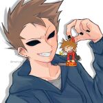  2boys angry animification antenna_hair bandage_on_cheek bandage_on_face bandages barbell_piercing black_nails black_pants black_shoes blank_eyes blue_hoodie brown_hair chainsaw chibi commentary_request drawstring ear_piercing eddsworld grey_shirt grin hair_ears hand_up highres holding holding_chainsaw holding_chibi holding_mini_person hollow_eyes hood hood_down hoodie industrial_piercing long_sleeves male_focus mettya_329 mini_person miniboy multiple_boys open_mouth pants piercing red_hoodie scruffing sharp_teeth shirt shoes short_hair simple_background smile sneakers spiked_hair teeth tom_(eddsworld) tord_(eddsworld) upper_body white_background 