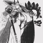  1girl 2025 asymmetrical_dual_wielding breasts cape chinese_zodiac cleavage demon_horns dual_wielding earrings feet_out_of_frame full_body greatsword greyscale highres holding holding_scepter holding_sword holding_weapon hoop_earrings horns huge_weapon jewelry keziedra large_breasts long_pointy_ears monochrome navel original over_shoulder pointy_ears profile rod_of_asclepius scepter sideboob slingshot_swimsuit snake standing swimsuit sword sword_over_shoulder veil very_long_fingernails weapon weapon_over_shoulder year_of_the_snake 