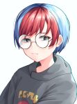  1girl absurdres bangs blue_hair chromatic_aberration closed_mouth commentary_request glasses grey_eyes highres hood hoodie kanda_(kami4545) multicolored_hair penny_(pokemon) pokemon pokemon_(game) pokemon_sv red_hair round_eyewear short_hair simple_background smile solo two-tone_hair upper_body white_background 