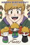  3boys :d animification birthday birthday_cake black_eyes blue_hoodie brown_hair cake character_doll commentary_request doll drawstring edd_(eddsworld) eddsworld english_text food fruit future_matt_(eddsworld) green_hoodie green_jacket hands_on_own_face happy happy_birthday highres hollow_eyes hood hood_down hoodie jacket kashimiato long_sleeves male_focus matt_(eddsworld) multiple_boys orange_hair partial_commentary party_popper prince_matthew_(eddsworld) purple_hoodie short_hair smile solo_focus sparkling_eyes spiked_hair strawberry tom_(eddsworld) 