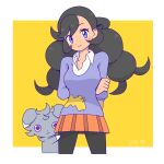  1girl arms_behind_back bangs black_hair black_pantyhose border breasts closed_mouth collared_shirt commentary_request curly_hair emma_(pokemon) espurr eyelashes highres long_hair looking_at_viewer orange_skirt pantyhose pokemon pokemon_(creature) pokemon_(game) pokemon_xy purple_eyes purple_sweater shiogi_(riza_49) shirt skirt smile sweater white_border white_shirt yellow_background 
