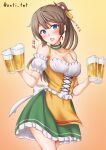  1girl alcohol anti_(untea9) apron barmaid beer beer_mug blue_eyes blush breasts brown_hair choker cleavage commentary_request cup dirndl dress german_clothes gradient_background green_choker green_dress hair_ribbon highres holding holding_cup kantai_collection kazagumo_(kancolle) long_hair looking_at_viewer medium_breasts mug oktoberfest open_mouth ponytail ribbon twitter_username waitress yellow_apron yellow_background 