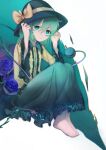 1girl barefoot black_hat blue_flower blue_rose bow closed_mouth collared_shirt commentary eyeball flower frilled_shirt_collar frilled_skirt frilled_sleeves frills green_eyes green_hair green_skirt hat hat_bow highres komeiji_koishi long_sleeves looking_at_viewer rose shirt sitting siyumu skirt smile solo third_eye toes touhou wide_sleeves yellow_bow 