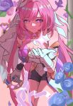  1girl absurdres black_shorts blue_flower blue_rose bow_(weapon) breasts bug butterfly chinese_commentary cleavage commentary_request corset elysia_(herrscher_of_human:_ego)_(honkai_impact) elysia_(honkai_impact) flower gloves highres holding holding_bow_(weapon) holding_weapon honkai_(series) honkai_impact_3rd large_breasts long_hair moka_no_mora multicolored_hair pink_hair purple_eyes rose shorts smile solo thighs triquetra two-tone_hair veil very_long_hair weapon white_corset white_gloves white_hair white_veil 