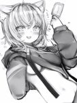  1girl :3 :d animal_ears blush breasts cat_ears cat_girl clothes_lift fang food greyscale heart highres holding hololive hood hoodie hoodie_lift looking_at_viewer medium_breasts medium_hair monochrome nanashi_(nlo) navel nekomata_okayu popsicle simple_background smile solo virtual_youtuber white_background 