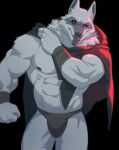  2023 abs absurd_res anthro arm_wraps biceps black_background black_clothing black_nipples black_sclera bottomwear bulge canid canine canis cloak clothed clothing death_(puss_in_boots) dreamworks fingers fur grey_body grey_fur hi_res kusunagi looking_at_viewer male mammal multicolored_body multicolored_fur muscular muscular_male nipples pants pecs puss_in_boots_(film) puss_in_boots_the_last_wish red_eyes simple_background smile smiling_at_viewer solo speedo swimwear teeth tuft two_tone_body two_tone_fur wolf wraps 