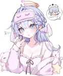  1boy 1girl aqua_eyes braid chibi commentary crown_braid frilled_shirt_collar frills halo han_2792 head_wings highres honkai:_star_rail honkai_(series) long_hair mask mask_on_head purple_hair ribbon robin_(honkai:_star_rail) siblings sleep_mask sleepwear stuffed_toy sunday_(honkai:_star_rail) symbol-only_commentary tank_top water white_background wings 