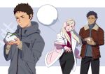  1girl 2boys black_pants blonde_hair brown_hair brown_jacket enelous gigi_andalusia gundam gundam_hathaway's_flash hathaway_noa highres holding holding_snowball hood hooded_jacket jacket kenneth_sleg looking_at_another multiple_boys open_clothes open_jacket pants smile snowball snowball_fight throwing winter_clothes 