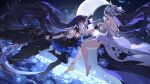  2girls absurdres back bare_legs bare_shoulders barefoot black_dress black_pantyhose blue_butterfly blue_eyes breasts bug butterfly chinese_commentary cleavage closed_eyes commentary_request crescent_moon dress field floating_hair flower flower_field hair_between_eyes hair_flower hair_ornament hair_spread_out highres holding holding_scythe honkai_(series) honkai_impact_3rd long_hair looking_at_another luanjingajing medium_breasts moon multiple_girls official_alternate_costume pantyhose scythe seele_vollerei seele_vollerei_(eternal_night's_embrace) seele_vollerei_(herrscher_of_rebirth) short_dress sky star_(sky) starry_sky very_long_hair white_dress 