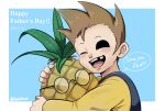  1boy :d aged_down animification blue_background blue_overalls blush border brown_hair child commentary_request dated eddsworld english_text father's_day food fruit glasses highres holding holding_food holding_fruit hollow_eyes hug kashimiato long_sleeves male_focus official_alternate_costume one_eye_closed open_mouth overalls partial_commentary pineapple shirt short_hair signature simple_background smile solo speech_bubble spiked_hair tom's_father_(eddsworld) tom_(eddsworld) tooth_gap upper_body white_border yellow_shirt 
