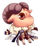  1boy animal_head argyle argyle_coat black_pants black_scarf black_vest blue_scarf brown_eyes brown_horns chibi closed_mouth commentary_request curled_horns expressionless full_body goat_boy goat_horns horns juliet_sleeves long_sleeves looking_at_viewer lowres male_focus minstrel_(ragnarok_online) momozakura_nanao pants puffy_sleeves ragnarok_online red_scarf scarf shoes simple_background solo striped striped_scarf transparent_background vest yellow_scarf 