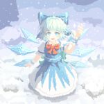  02charaice20 1girl blue_bow blue_dress blue_eyes blue_hair blush bow bowtie cirno commentary detached_wings dress hair_bow highres ice ice_wings looking_at_viewer open_mouth pinafore_dress pixel_art puffy_short_sleeves puffy_sleeves red_bow red_bowtie short_sleeves sleeveless sleeveless_dress smile snow snowing solo touhou wings wrist_cuffs 