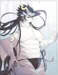  abs absurd_res anthro black_hair clothing dragon fuxi_(tas) grey_body grey_scales hair hi_res horn izm_rm7 lifewonders long_hair male muscular muscular_anthro muscular_male pecs scales solo speedo swimwear tokyo_afterschool_summoners wet wet_body 