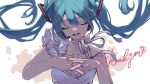  1girl :d absurdres bare_arms blue_hair choker closed_eyes collarbone facing_viewer floating_hair flower hatsune_miku headphones headset highres katorea long_hair microphone music nail_polish open_mouth ribbon ribbon_choker singing smile solo thank_you twintails upper_body vocaloid white_background white_flower white_ribbon 