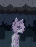 2025 alternative_fashion ambiguous_gender anthro blue_eyes canid canine city cityscape demensa detailed_background emo fangs fur hair half-length_portrait hi_res mammal pink_hair portrait purple_body purple_fur purple_hair raining sad scene_haircut solo storm teeth