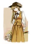  1girl 203wolves alternate_costume bangs black_headwear bouquet brown_eyes brown_hair brown_skirt brown_vest closed_mouth collared_shirt dress_shirt flower grey_flower hair_between_eyes hat hat_flower hat_ribbon highres holding holding_bouquet long_hair long_skirt long_sleeves looking_at_viewer orange_ribbon ribbon shirt sketch skirt solo standing straight_hair striped striped_skirt striped_vest tenjouin_asuka vertical-striped_skirt vertical-striped_vest vertical_stripes vest white_flower white_shirt wing_collar yu-gi-oh! yu-gi-oh!_gx 