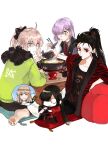  1boy 4girls absurdres black_hair bowl cellphone chopsticks chopsticks_in_mouth cup ddlcclia eating fate/grand_order fate_(series) fork hair_ornament hair_over_one_eye hairclip highres holding holding_bowl holding_chopsticks jacket koha-ace kotatsu long_hair mash_kyrielight mini_nobu_(fate) multiple_girls nabe necktie oberon_(fate) oda_nobunaga_(fate) oda_nobunaga_(koha-ace) okita_souji_(fate) okita_souji_(koha-ace) phone pink_hair ponytail purple_eyes purple_hair red_eyes scarf simple_background sitting smartphone socks table wariza white_background 