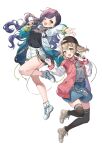  2girls :d azusawa_kohane backwards_hat bangs black_headwear black_shirt black_thighhighs blonde_hair blue_shirt blue_skirt brown_footwear collarbone commentary denim denim_shorts hat headphones headphones_around_neck highres holding holding_microphone jacket jumping long_hair long_sleeves looking_at_viewer microphone multiple_girls one_eye_closed open_clothes open_jacket open_mouth outstretched_arm pongu project_sekai purple_hair red_jacket shiraishi_an shirt shoes shorts sidelocks simple_background skirt smile swept_bangs symbol-only_commentary thighhighs twintails white_background white_footwear white_jacket white_shorts white_sleeves yellow_eyes 