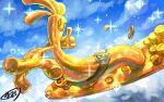  above_clouds cloud coin commentary_request day gholdengo kaosu_(kaosu0905) no_humans open_mouth outdoors pokemon pokemon_(creature) signature sky smile solo sparkle thumbs_up 