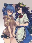  2girls blue_bow blue_eyes blue_hair blue_skirt blush bow bowtie bracelet closed_mouth collarbone collared_shirt commentary_request cosplay costume_switch embarrassed gold_bracelet grey_hoodie hair_between_eyes hat heart highres hinanawi_tenshi hinanawi_tenshi_(cosplay) hood hoodie hoodie_pull jewelry kaden_(muxt8423) long_hair looking_at_another multiple_girls own_hands_together parted_lips peach_hat_ornament red_bow red_bowtie red_eyes shirt short_sleeves skirt smile thighs touhou very_long_hair wavy_hair white_shirt yorigami_shion yorigami_shion_(cosplay) 
