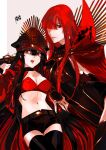  2girls absurdres belt black_hair black_thighhighs breasts cape choker cleavage ddlcclia fate/grand_order fate_(series) hair_between_eyes hair_over_one_eye hat highres koha-ace long_hair looking_at_viewer multiple_girls navel oda_nobunaga_(fate) oda_nobunaga_(koha-ace) oda_nobunaga_(maou_avenger)_(fate) open_mouth red_eyes red_hair shorts smile teeth thighhighs very_long_hair zettai_ryouiki 