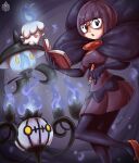  1girl bangs black_bow black_gloves black_pantyhose blunt_bangs bob_cut book bow breasts chandelure cleavage elbow_gloves elcajarito evolutionary_line glasses gloves highres holding holding_book holding_pen lampent large_bow litwick mary_janes pantyhose pen pokemon pokemon_(creature) pokemon_(game) pokemon_bw pokemon_bw2 purple_eyes purple_hair purple_skirt round_eyewear shauntal_(pokemon) shoes skirt 