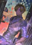  1boy blonde_hair commentary curly_eyebrows dutch_angle facial_hair goatee hair_over_one_eye highres indoors male_focus mrjieshisu mustache one_piece sanji_(one_piece) shirt short_hair solo symbol-only_commentary twitter_username vest white_shirt white_vest 