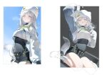  1girl absurdres arknights arknights:_endfield bandaid bandaid_on_cheek bandaid_on_face black_romper blue_eyes blush commentary covered_navel crop_top cropped_jacket estella_(arknights) grey_hair grey_jacket grey_tail hat highres jacket long_sleeves lumo_1121 medium_hair multiple_views open_mouth parted_lips pouch puffy_long_sleeves puffy_sleeves romper sketch_background squeans strap stretching tail white_hat yawning 