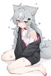  1girl :d ahoge animal_ears bandaid bandaid_on_arm bandaid_on_cheek bandaid_on_face bandaid_on_leg barefoot black_hoodie blush breasts collar commentary dot_nose fang fenrir_(fenriluuu) full_body grey_hair grey_tail hair_between_eyes hair_ornament hairclip heart highres hood hood_down hoodie long_hair looking_at_viewer nail_polish original parallel_hairclips partially_unzipped pink_nails red_collar red_eyes rir-chan simple_background sitting small_breasts smile solo tail tank_top toenail_polish toenails too_many_bandaids wariza white_background white_tank_top wolf_ears wolf_girl wolf_tail 