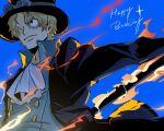  1boy ascot black_coat blue_background closed_mouth coat collared_shirt goggles goggles_on_headwear happy_birthday hashtag-only_commentary hat highres looking_ahead male_focus mrjieshisu one_piece sabo_(one_piece) scar scar_on_face shirt smile solo upper_body white_ascot 
