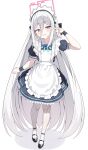  1girl absurdres alternate_costume apron aqua_ribbon black_bow black_hairband black_shoes black_wrist_cuffs blue_archive blush bow clenched_hand dress embarrassed frilled_apron frilled_dress frills full_body hair_between_eyes hair_bow hairband halo hand_up highres kei_(blue_archive) kei_(new_body)_(blue_archive) long_hair long_hair_between_eyes looking_at_viewer maid maid_apron maid_headdress peanut_mouth pink_eyes pink_halo rectangular_halo ribbon ringed_eyes shoes simple_background small_sweatdrop sob_(submar1089) solo thighhighs v very_long_hair white_apron white_background white_hair white_thighhighs wrist_cuffs 
