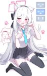  1girl absurdres animal_ears black_bow black_hairband black_skirt black_thighhighs blue_archive blue_necktie blush bow breasts cat_ears cat_tail check_commentary commentary commentary_request doodle_sensei_(blue_archive) dot_nose embarrassed hair_between_eyes hairband halo highres jogabi kei_(blue_archive) kei_(new_body)_(blue_archive) kemonomimi_mode long_hair long_hair_between_eyes looking_at_viewer loose_necktie necktie partially_unbuttoned paw_pose paw_print peanut_mouth pink_eyes pink_halo pleated_skirt rectangular_halo ringed_eyes sensei_(blue_archive) shirt simple_background sitting skirt small_breasts solo tail thighhighs wariza white_background white_hair white_shirt zettai_ryouiki 