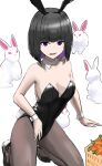  1girl animal_ears bangs black_hair black_leotard blunt_bangs bob_cut breasts carrot cleavage detached_collar fake_animal_ears fake_tail highres leotard looking_at_viewer lztk0 medium_breasts open_mouth original pantyhose playboy_bunny purple_eyes rabbit rabbit_ears rabbit_tail short_hair sideboob simple_background solo strapless strapless_leotard tail too_many too_many_rabbits white_background wrist_cuffs 