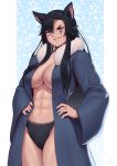  1girl abs absurdres animal_ears bare_legs black_panties blue_jacket breasts cat_ears cat_girl cleavage_cutout clothing_cutout facial_tattoo fur-trimmed_jacket fur_trim hair_over_breasts hand_on_hip highres jacket large_breasts long_hair muscular muscular_female no_bra open_clothes open_jacket original panties pink_eyes sharp_teeth slit_pupils smile speedl00ver tattoo teeth thighs underboob underwear v-shaped_eyebrows 