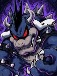  1boy armlet black_collar black_hair blue_skin collar colored_skin dark_bowser highres horns jewelry male_focus mario_&amp;_luigi:_bowser's_inside_story mario_&amp;_luigi_rpg mario_(series) official_style purple_background red_eyes sharp_teeth simple_background solo spiked_armlet spiked_collar spiked_shell spiked_tail spikes tail teeth turtle_shell yamari_(ya_mari_6363) 
