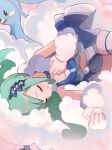  1girl altaria arm_warmers baruko-go choker closed_eyes closed_mouth commentary_request earrings eyelashes fluffy green_hair hair_ornament highres jewelry lisia_(pokemon) lying navel on_side overskirt pokemon pokemon_(creature) pokemon_(game) pokemon_oras shorts shorts_under_skirt sleeping smile 