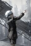  1boy black_blindfold black_shirt black_shorts blindfold building covered_eyes dino_(dinoartforame) highres industrial long_sleeves male_focus nier_(series) nier_automata outdoors outstretched_arm shirt short_hair shorts solo standing white_hair yorha_no._9_type_s 