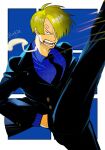  1boy black_necktie black_suit blonde_hair blue_background blue_shirt cigarette collared_shirt commentary curly_eyebrows hand_in_pocket hashtag-only_commentary highres leg_up male_focus mrjieshisu necktie one_piece open_mouth sanji_(one_piece) shirt short_hair smoke solo striped_clothes striped_shirt suit symbol-only_commentary vertical-striped_clothes vertical-striped_shirt 
