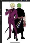  2boys art_program_in_frame black_kimono blonde_hair cigarette facial_hair full_body goatee green_hair hair_over_one_eye hand_in_pocket hashtag-only_commentary holding holding_cigarette japanese_clothes kimono male_focus mrjieshisu multiple_boys mustache necktie one_piece red_sash roronoa_zoro sanji_(one_piece) sash short_hair simple_background suit white_background 
