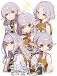  1girl 3boys absurdres alternate_hair_length alternate_hairstyle asymmetrical_bangs blunt_bangs braid capelet commentary_request drill_hair earrings eisen_(sousou_no_frieren) elf floating_earrings frieren gold_trim green_eyes hair_focus hand_up heiter highres himmel_(sousou_no_frieren) inoshishi969 jewelry long_sleeves looking_at_viewer multiple_boys multiple_views parted_bangs parted_lips pointy_ears redrawn shirt short_hair sousou_no_frieren sparkle striped_clothes striped_shirt twin_braids twin_drills v v_over_mouth white_capelet 