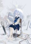  1girl absurdres barefoot black_sailor_collar black_skirt blue_eyes blue_neckerchief chair closed_mouth commentary_request double-parted_bangs fog full_body hair_between_eyes highres kayaki_(nettai) long_hair long_sleeves looking_at_viewer neckerchief on_chair original sailor_collar school_uniform serafuku shirt sitting skirt solo string string_of_fate thread wading water white_hair white_shirt 