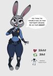  2023 anthro clothed clothing dialogue disney english_text female fur grey_body grey_fur hi_res judy_hopps lagomorph leporid mammal multicolored_body multicolored_fur open_mouth purple_eyes qupostuv35 rabbit simple_background solo text two_tone_body two_tone_fur white_body white_fur zootopia 