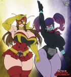  arm_up artist_name bare_shoulders belt blue_eyes blue_skin breasts brown_hair bug colored_skin commentary domino_mask elbow_gloves electro_wave_human_tackle english_commentary eye_mask gloves green_eyes helmet huge_breasts impossible_clothes impossible_shirt kamen_rider ladybug long_hair mask multicolored_hair okada_yuriko purple_hair red_helmet red_scarf scarf shirt shocker_(kamen_rider) the_golden_smurf toujima_tanzaburou_wa_kamen_rider_ni_naritai twintails yellow_belt yellow_gloves yellow_scarf yukarisu 