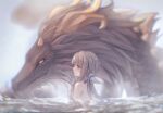  1girl bare_shoulders bathing brown_eyes chinese_commentary commentary_request dragon dragon_horns eastern_dragon genshin_impact guizhong_(genshin_impact) hair_ornament hair_stick hand_up highres horns light_brown_hair long_hair rex_lapis_(genshin_impact) scales sidelocks water yellow_eyes yexingwange 