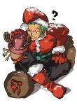  2boys ? antlers boots crossed_legs earrings gloves green_hair haramaki hashtag-only_commentary hat highres horns jewelry mrjieshisu multiple_boys one_piece red_boots red_gloves reindeer_antlers roronoa_zoro santa_hat short_hair sideburns simple_background sweatdrop tony_tony_chopper twitter_username v-shaped_eyebrows white_background 